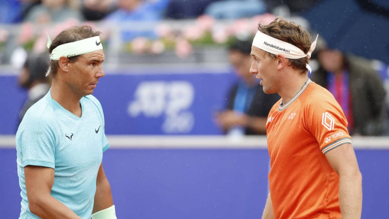 Rafael Nadal and Casper Ruud during their doubles match in Bastad