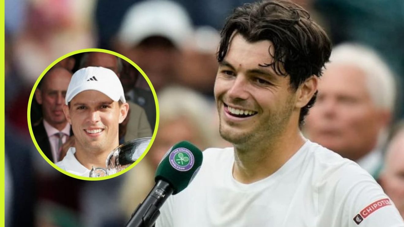 Taylor Fritz at Wimbledon with Mike Bryan inset