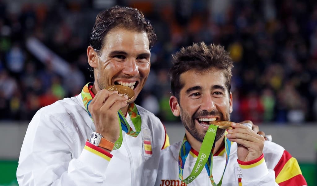 Rafael Nadal and Marc Lopez with their Rio 2016 Olympic gold medals.