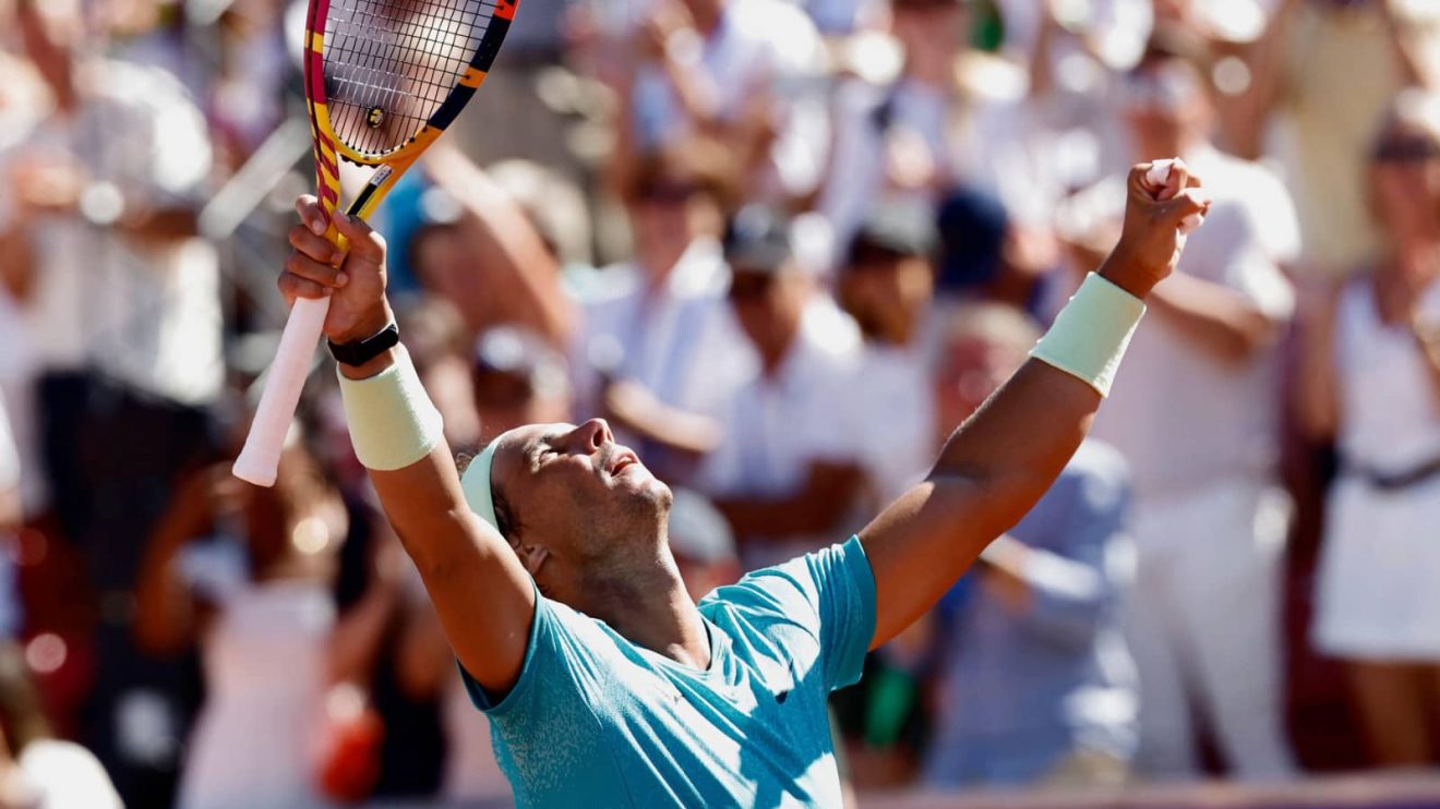 Rafael Nadal celebrates reaching the Swedish Open final in Bastad