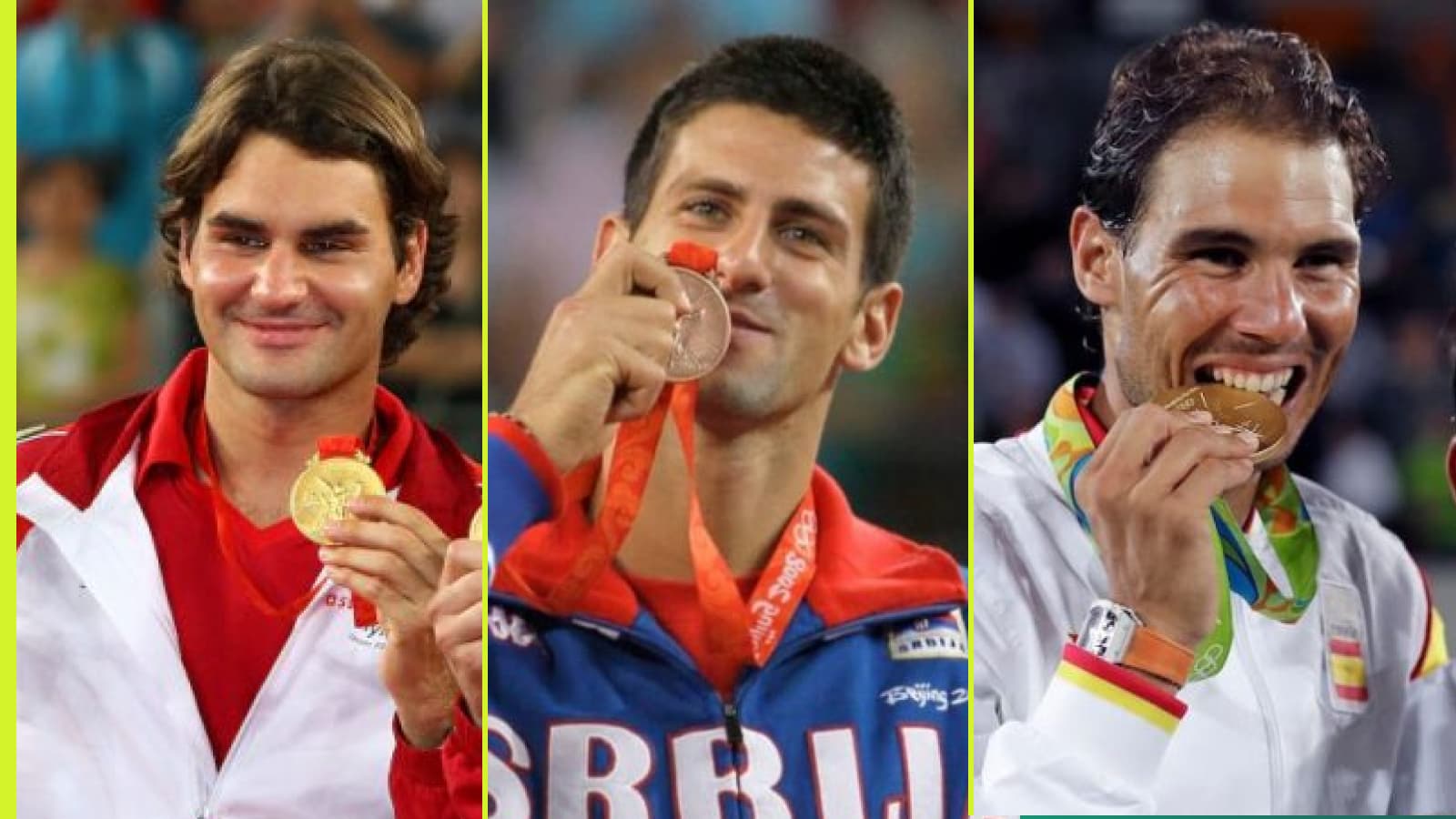 Roger Federer, Novak Djokovic, and Rafael Nadal with Olympic medals