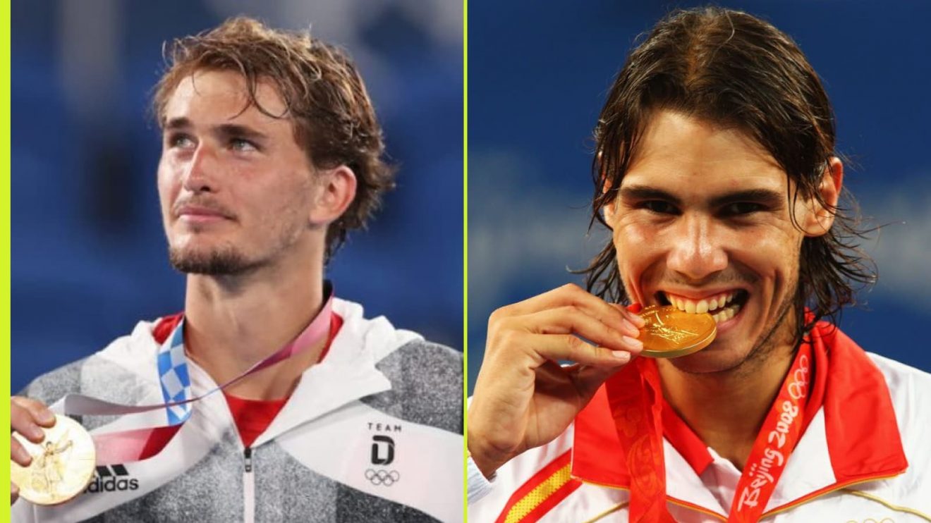 Alexander Zverev and Rafael Nadal with Olympic gold medals