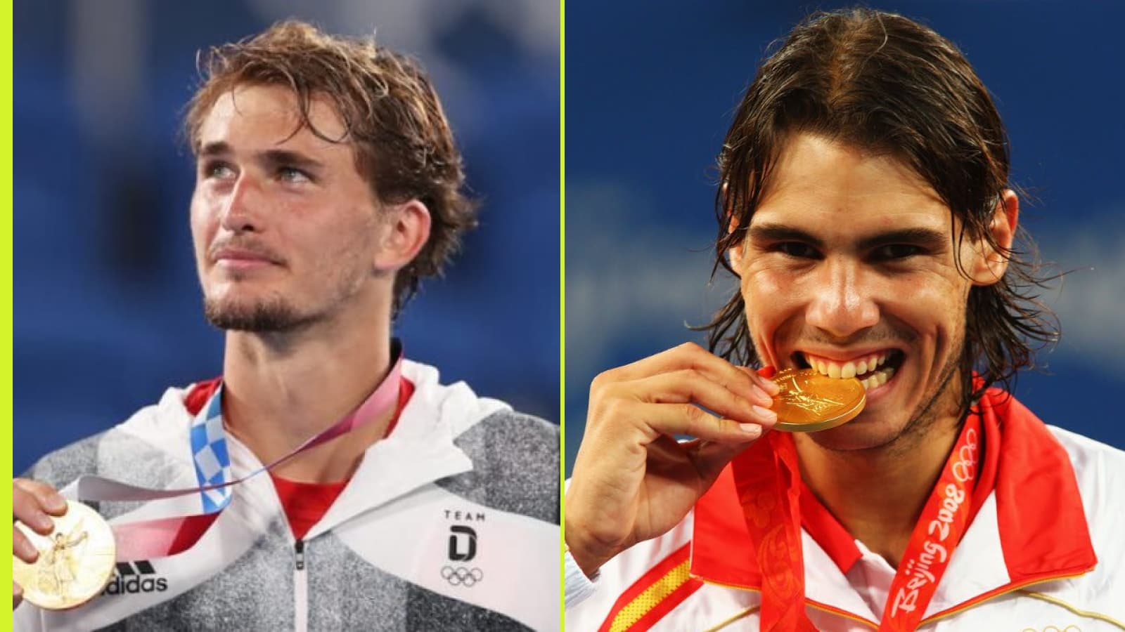 Alexander Zverev and Rafael Nadal with Olympic gold medals