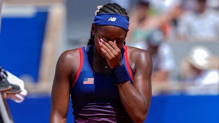 An upset Coco Gauff during her match