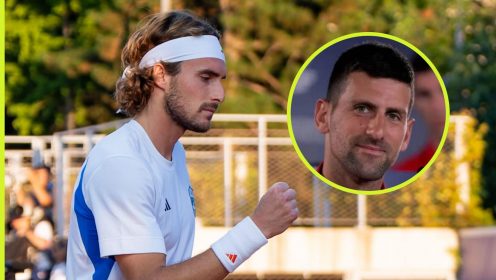 Stefanos Tsitsipas and Novak Djokovic at Paris 2024.