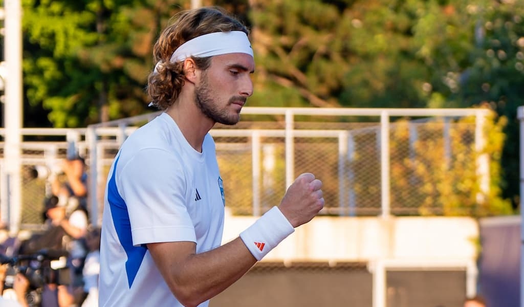 Stefanos Tsitsipas fistpumps during his Olympic Games campaign