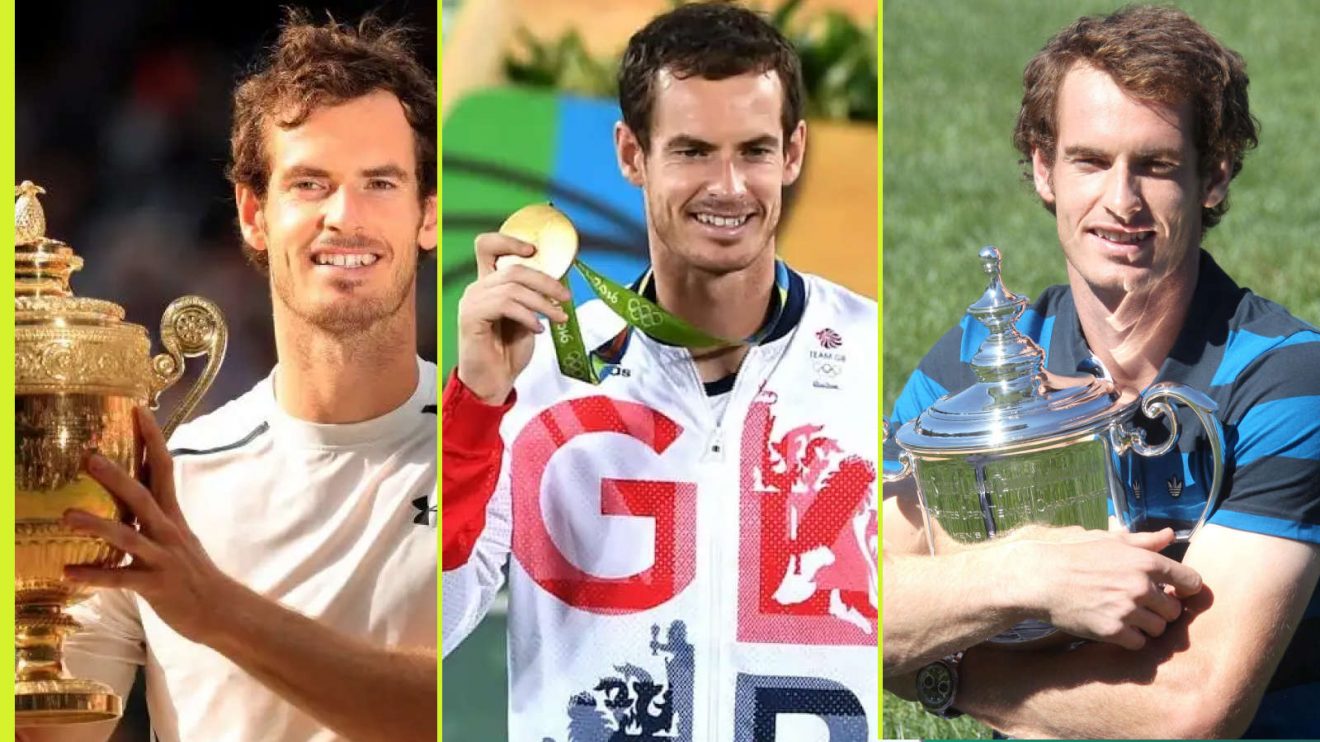 Andy Murry with Wimbledon trophy, Olympic gold medal and US Open trophy