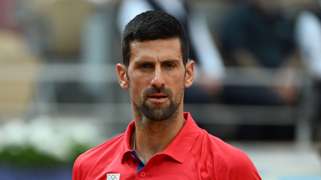 Novak Djokovic looks on during his match against Stefanos Tsitsipas at the 2024 Paris Olympics