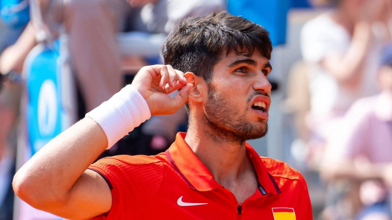 Carlos Alcaraz reacts during a match at the 2024 Paris Olympics