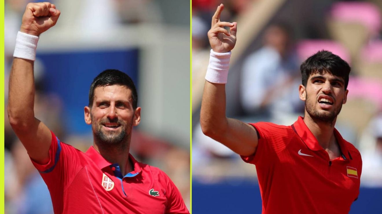 Novak Djokovic and Carlos Alcaraz celebrate at the 2024 Paris Olympics
