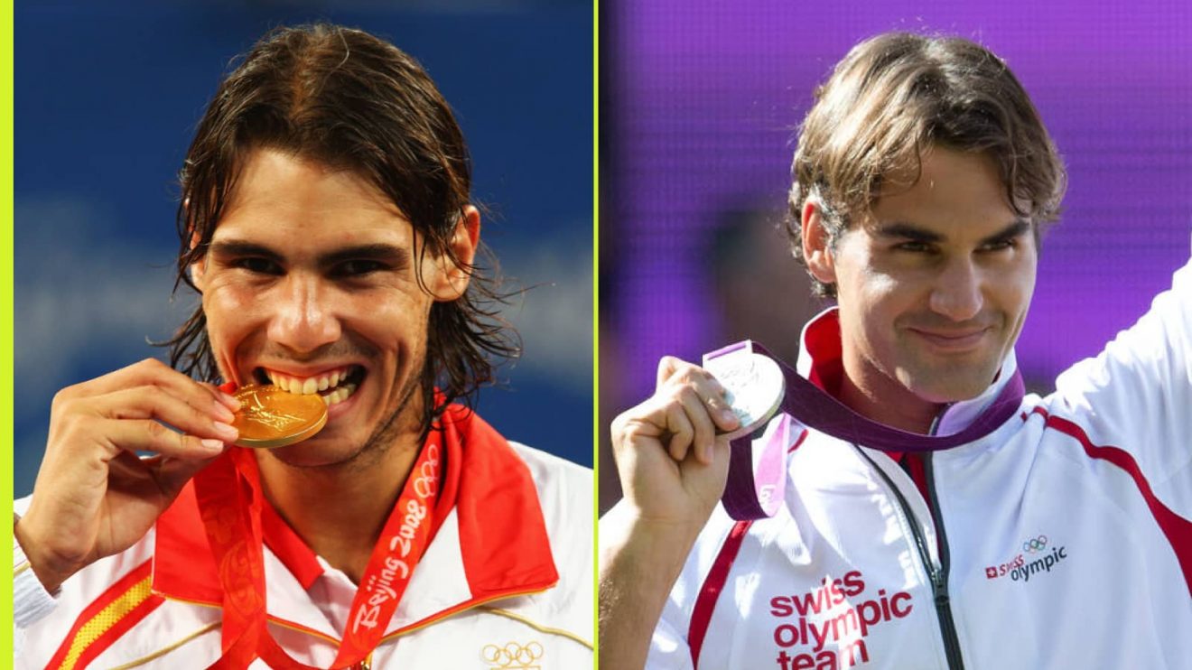 Rafael Nadal and Roger Federer with their Olympic singles medals