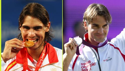 Rafael Nadal and Roger Federer with their Olympic singles medals