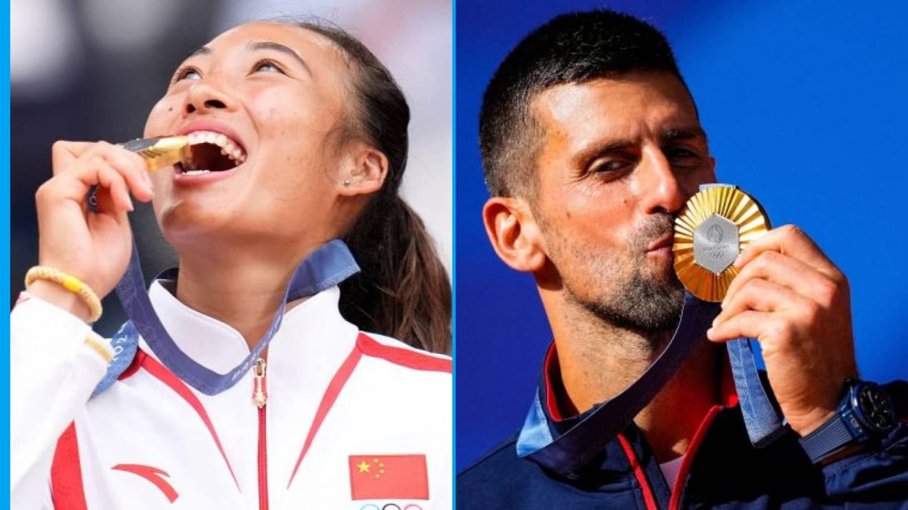 Zheng Qinwen and Novak Djokovic with their Olympic gold medals.