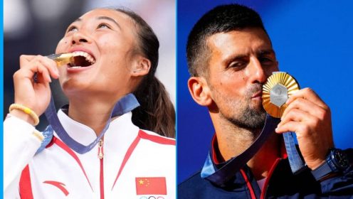 Zheng Qinwen and Novak Djokovic with their Olympic gold medals.