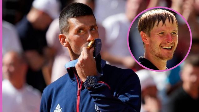 (Pictured) Novak Djokovic with his gold medal, with Yevgeny Kafelnikov inset.