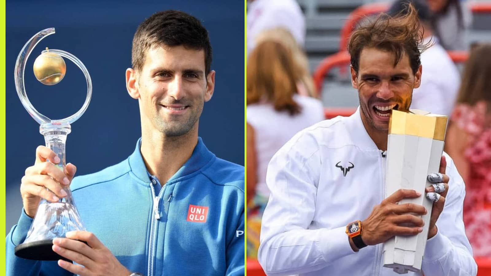 Novak Djokovic (Toronto 2016) and Rafael Nadal (Montreal 2019) celebrate with Canadian Open trophies