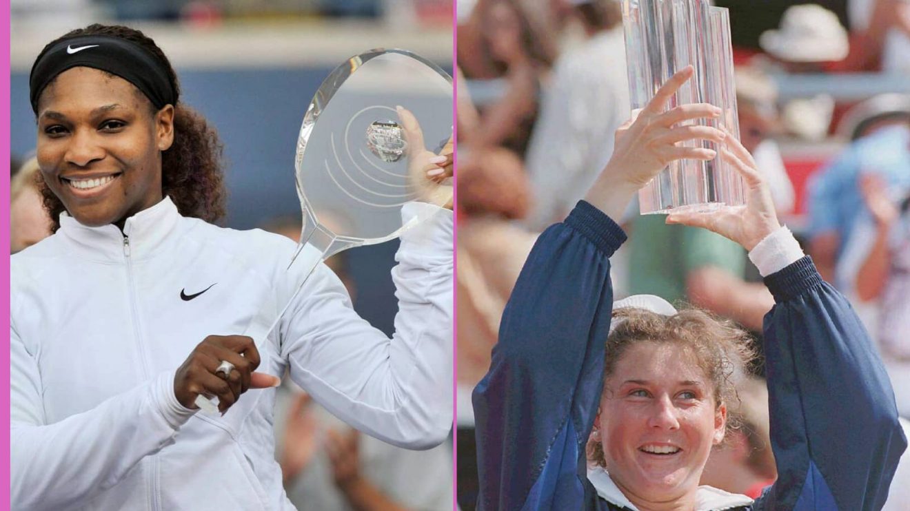 Serena Williams (2011) and Monica Seles (1995) with Canadian Open trophies in Toronto