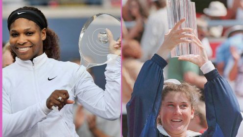 Serena Williams (2011) and Monica Seles (1995) with Canadian Open trophies in Toronto