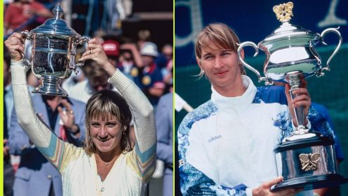 Chris Evert and Steffi Graf celebrate winning the US Open and Australian Open titles