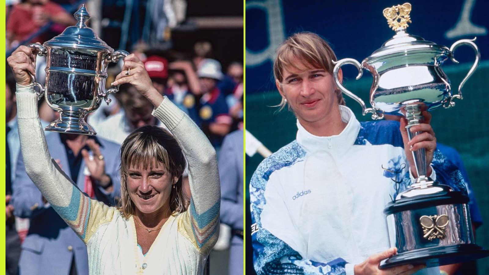 Chris Evert and Steffi Graf celebrate winning the US Open and Australian Open titles