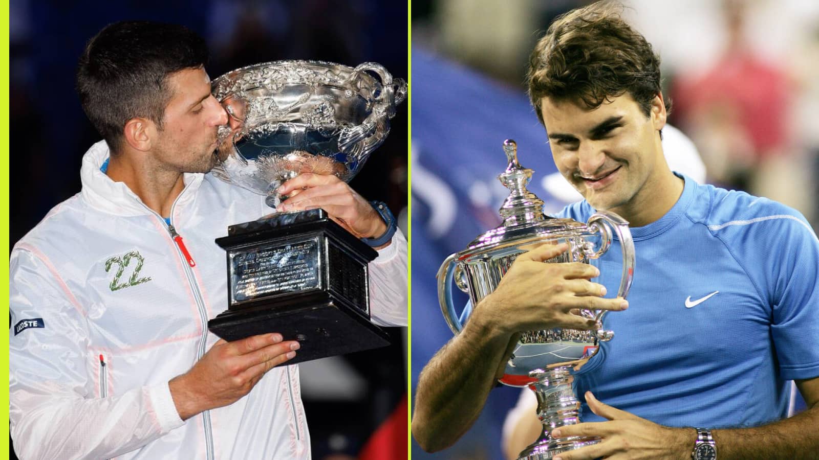 Novak Djokovic and Roger Federer celebrate winning the Australian Open and US Open