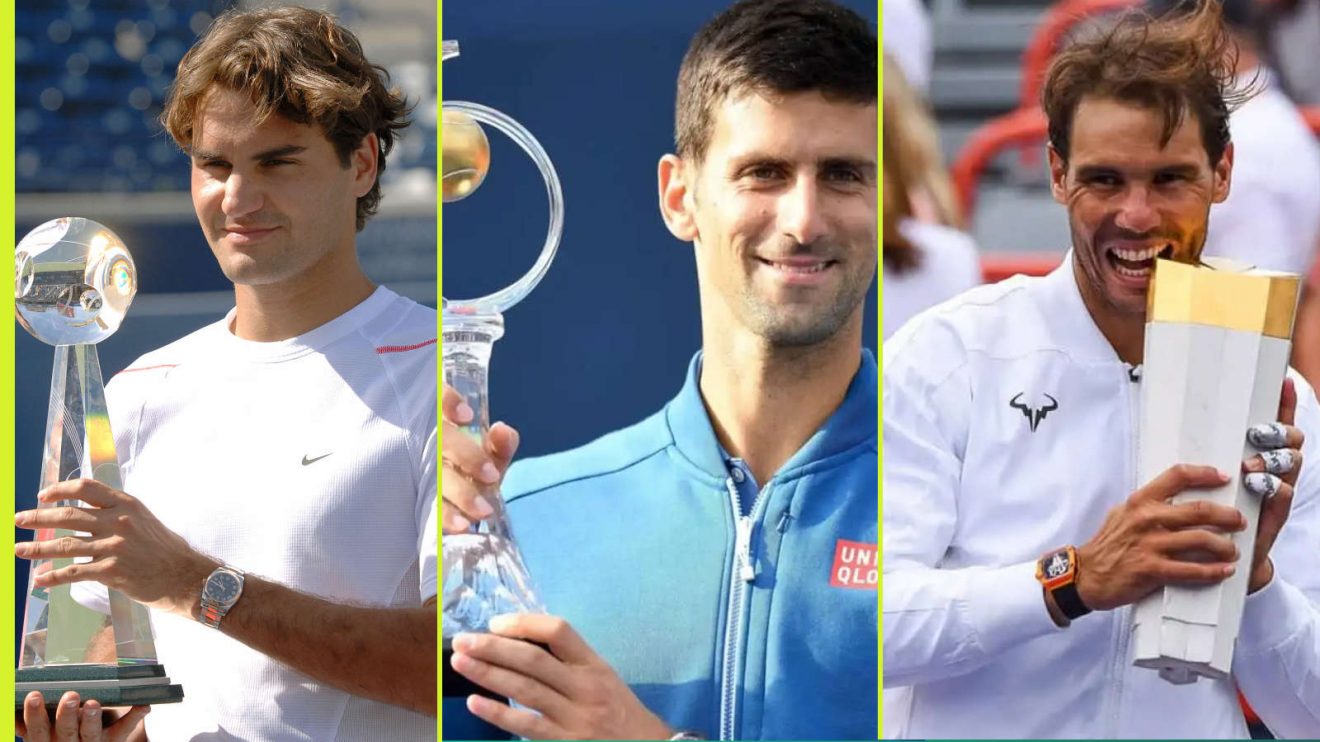 Roger Federer Novak Djokovic and Rafael Nadal with Canadian Open trophies