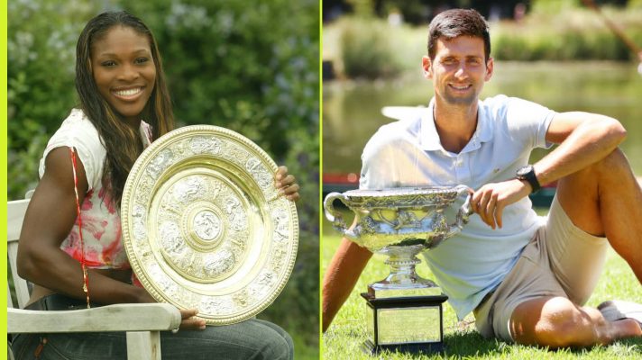 Serena Williams and Novak Djokovic with Grand Slam trophies