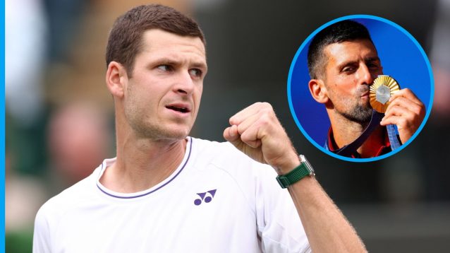 Hubert Hurkacz in action, with Novak Djokovic inset