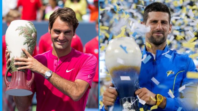 (L-R) Roger Federer and Novak Djokovic with the Cincinnati Open title in 2015 and 2023 respectively