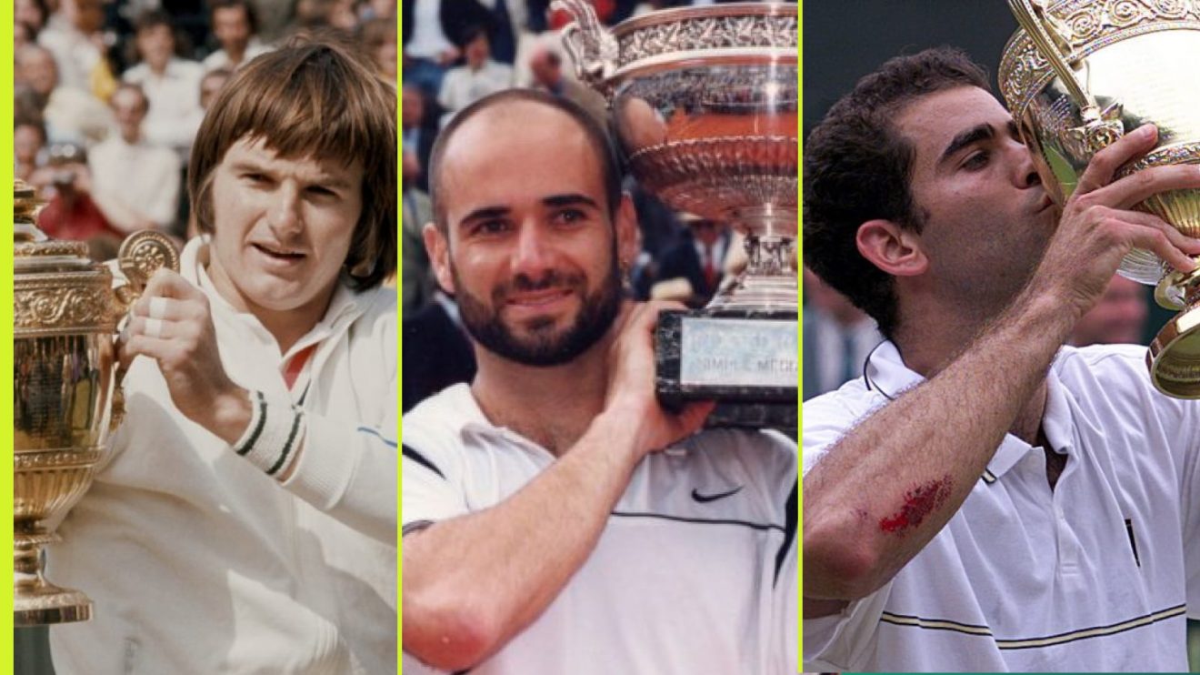 (L-R) Jimmy Connors at Wimbledon, Andre Agassi at the French Open, Pete Sampras at Wimbledon