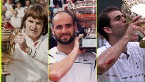 (L-R) Jimmy Connors at Wimbledon, Andre Agassi at the French Open, Pete Sampras at Wimbledon