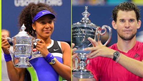 Naomi Osaka and Dominic Thiem holding the US Open trophies