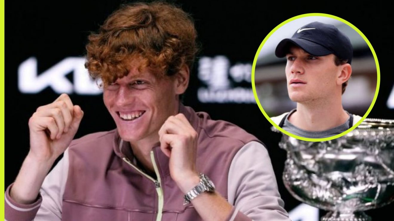 Jannik Sinner at an Australian Open press conference, with Jack Draper inset