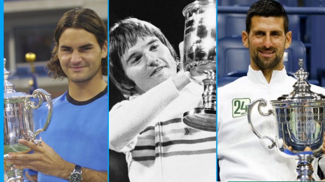 (L-R) Roger Federer, Jimmy Connors, and Novak Djokovic all pictured after winning the US Open.