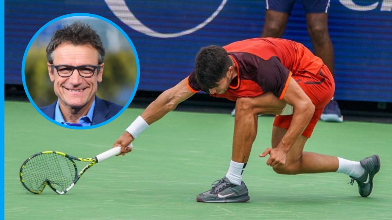 Carlos Alcaraz smashes his racket during the Cincinnati Open.