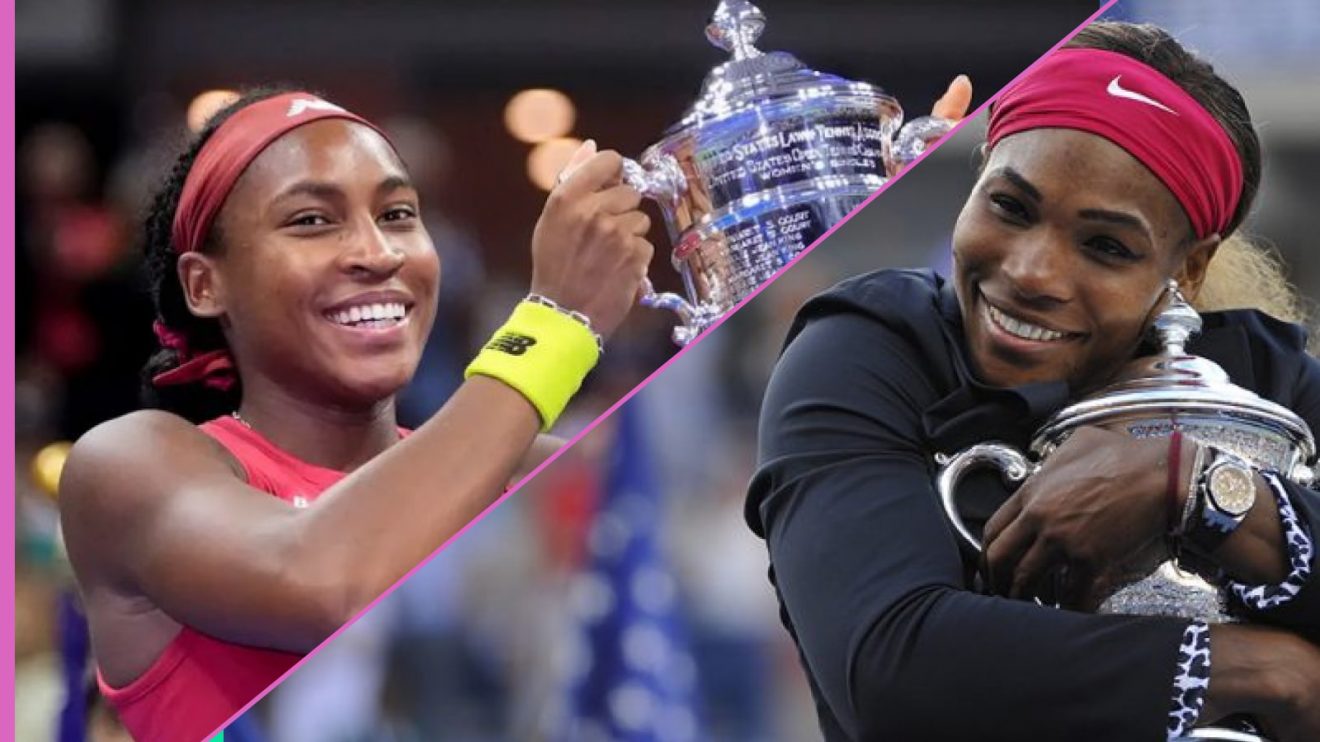 Coco Gauff and Serena Williams lifting the US Open women's singles trophy