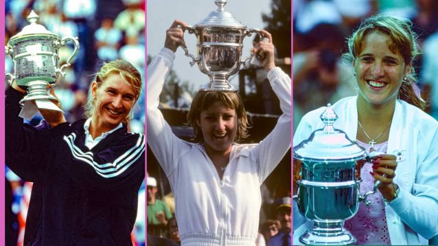 Steffi Graf, Chris Evert and Tracy Austin celebrate winning the US Open