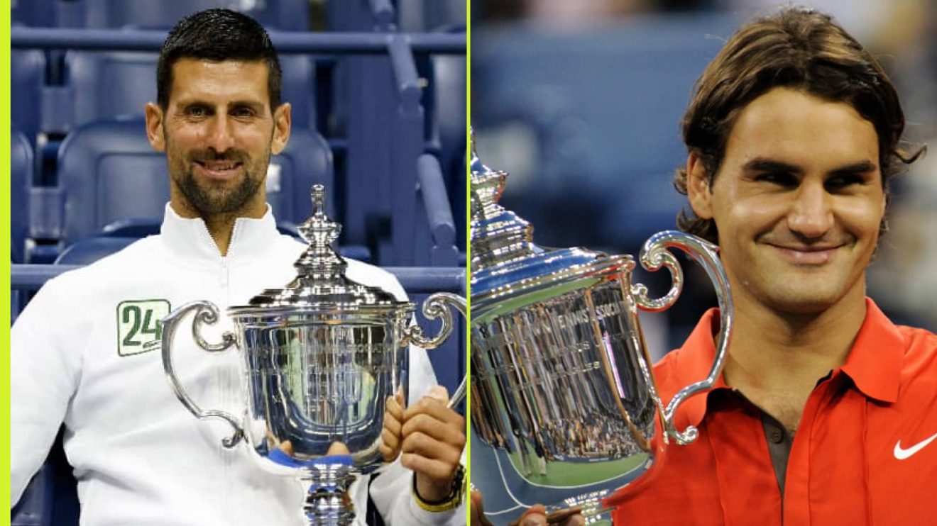 Novak Djokovic and Roger Federer celebrate with the US Open trophy