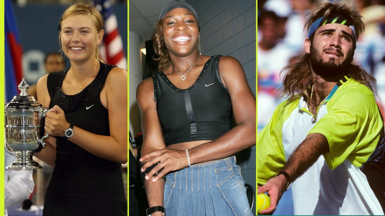 Pictured L-R: Maria Sharapova in 2006, Serena Williams in 2004, Andre Agassi in 1990