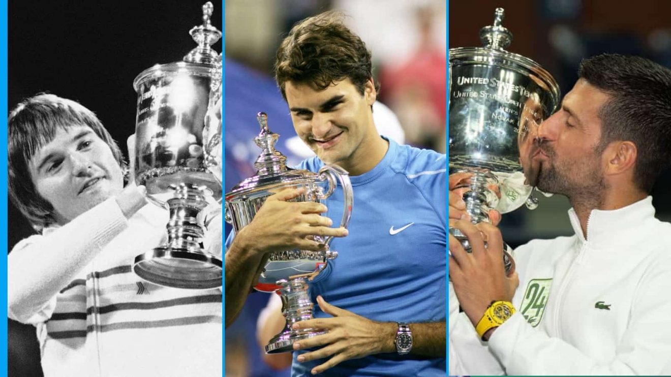Jimmy Connors, Roger Federer and Novak Djokovic with the US Open trophy