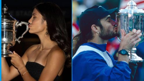 Pictured: Emma Raducanu with the US Open title in 2021, Andre Agassi with the US Open title in 1994