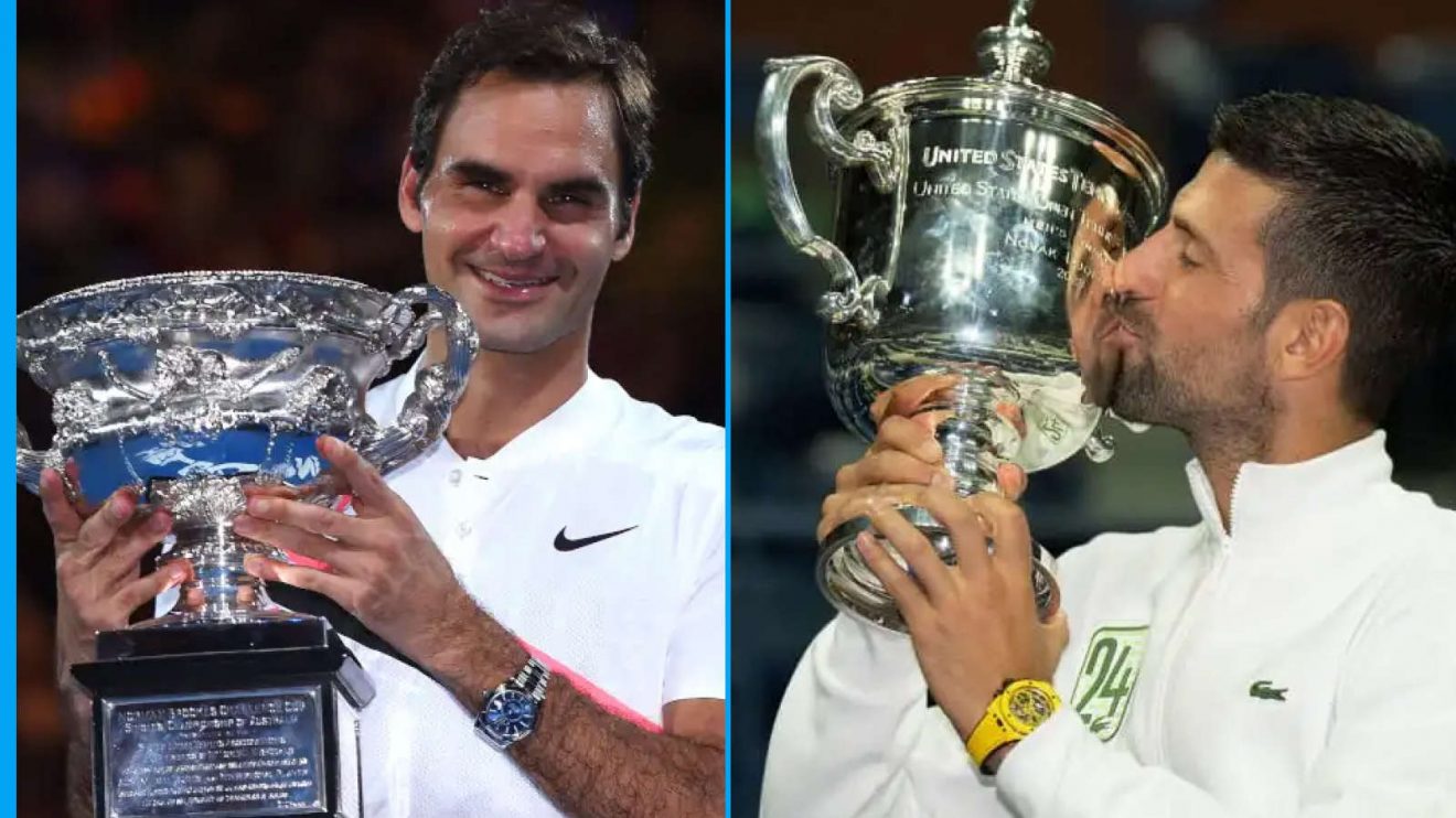 Roger Federer with the Australian Open trophy, Novak Djokovic with US Open trophy