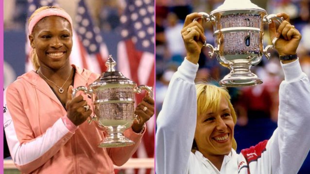 Serena Williams and Martina Navratilova with the US Open trophy