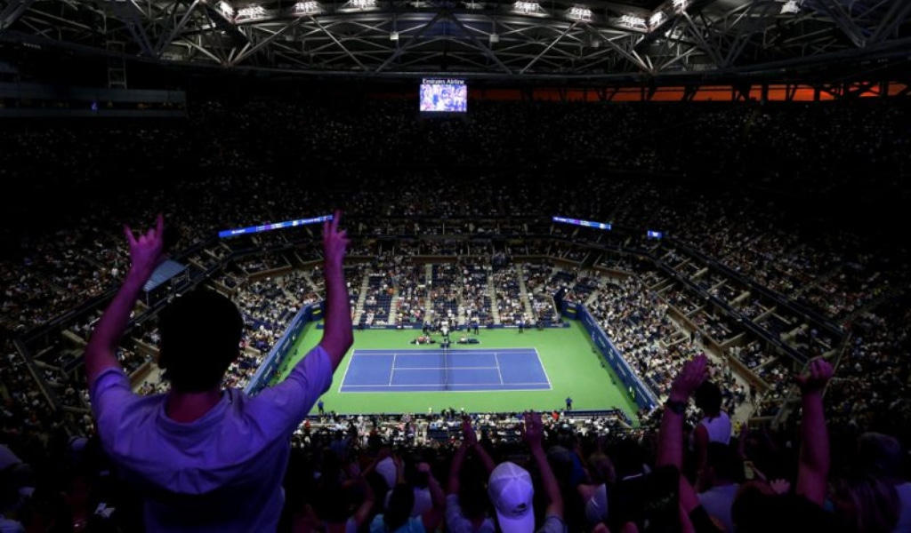 Pictured: The Arthur Ashe Stadium during a night session match.