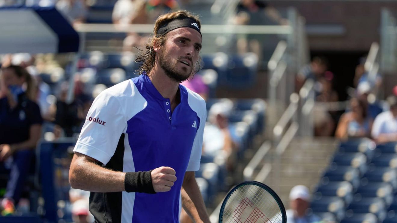Stefanos Tsitsipas reacts during his match at the 2024 US Open
