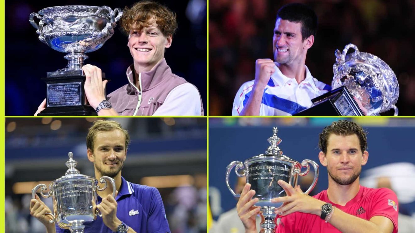 Jannik Sinner, Novak Djokovic, Daniil Medvedev and Dominic Thiem celebrate winning hard-court majors