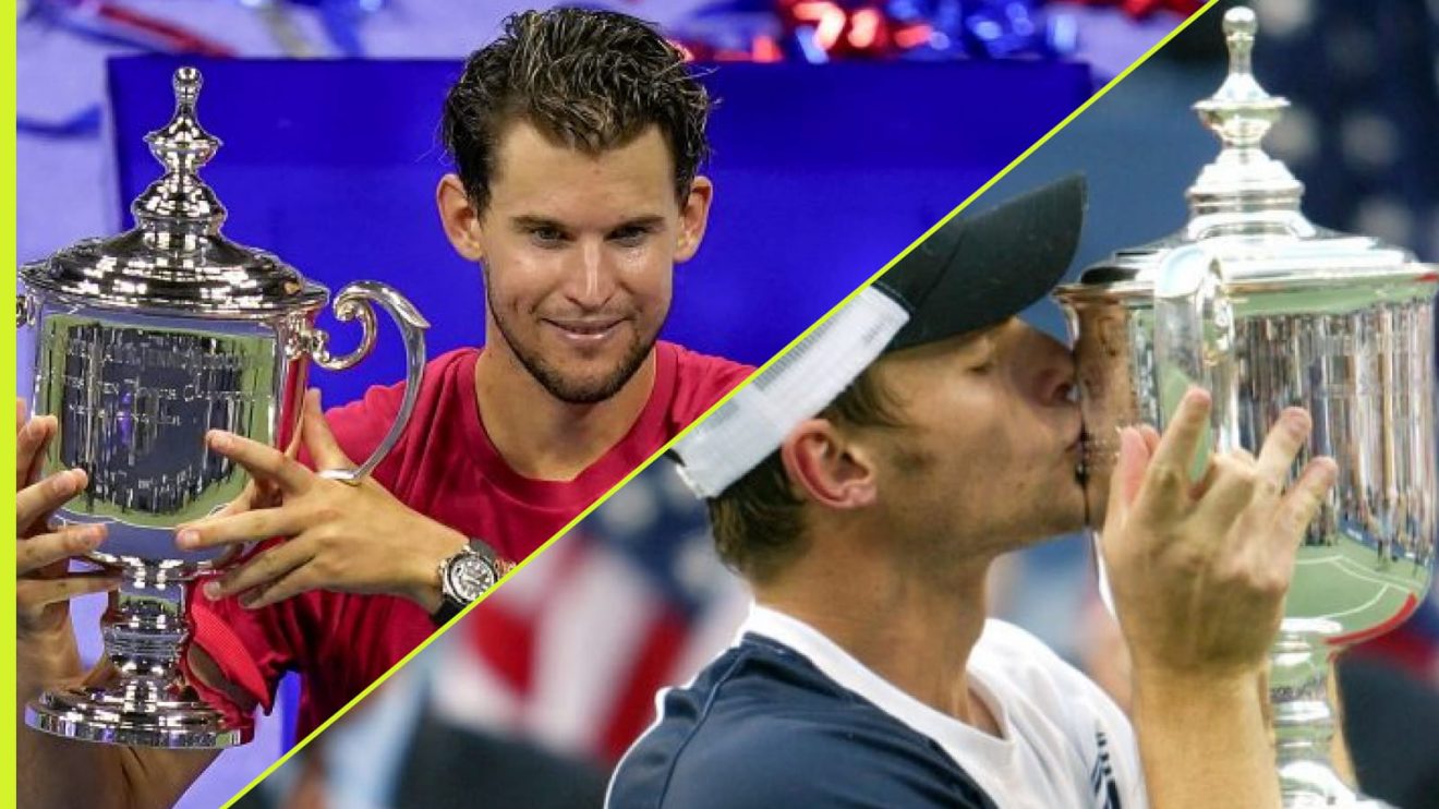 Pictured: Dominic Thiem and Andy Roddick lifting the US Open title