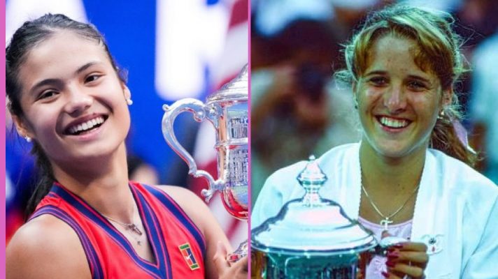 Pictured: Emma Raducanu and Tracy Austin holding the US Open title.