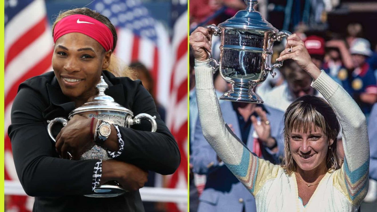 Serena Williams and Chris Evert with the US Open trophy