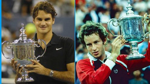 Roger Federer and John McEnroe celebrate winning the US Open